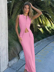 Matching Suit Sleeveless Ribbed Single-Breasted Top Shirt Maxi Skirt Spring Summer Women'S Clothing Sexy Streetwear voguable