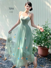 Women's Fairy Spaghetti Strap Midi Dresses Elegant French Mesh 3D Floral Sexy Halther Lace-up Vestidos Beach Holiday Chic New voguable