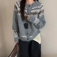Fair Isle Sweater Cardigan Women Long Sleeve Button-Up Crewneck Knitted Jacket Cardi Female Knitwear Fall Winter Vintage Outfit voguable