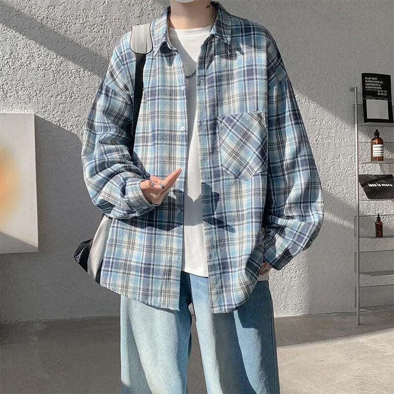 Spring Long Sleeved Shirt Men Retro Plaid Shirt Men Japanese Streetwear Loose Casual Shirt Mens Vintage Shirts Plus Size 5XL voguable