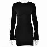 Women Illusion Bodycone Mini Dress O-Neck Split Flare Sleeve Wrap Skirt Solid Slim Bodycon Spring Summer New Partywear voguable