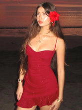 Spaghetti Strap Ruffled Sexy Mini Dress For Women Red Fashion Sleeveless Backless High Waist A-line Club Party Dress voguable