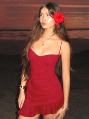 Spaghetti Strap Ruffled Sexy Mini Dress For Women Red Fashion Sleeveless Backless High Waist A-line Club Party Dress voguable
