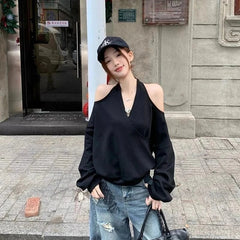 Casual Off Shoulder Sweatshirts Women Sexy Korean Style Loose Pullovers Harajuku Y2k Fashion Long Sleeve Sweatshirts voguable