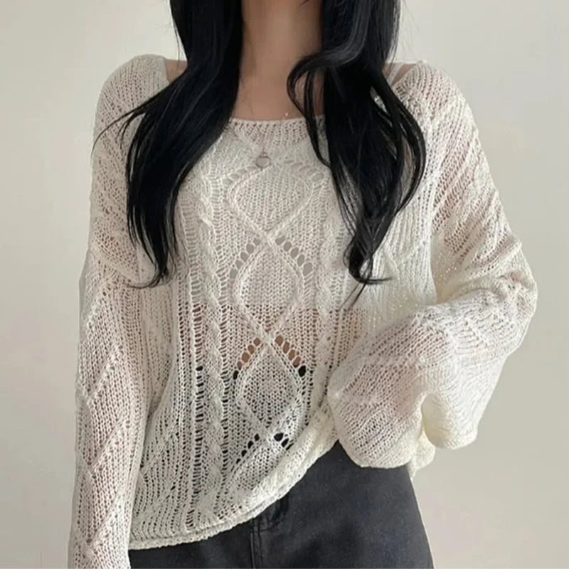 Long Sleeve Crochet Top Cable Knit Summer Beach Bikini Cover Up Crop Pullover Openwork Blouse Women Vacation Boho Outfit voguable