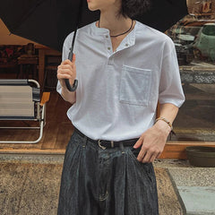 New Fashion Korean Style Men T-shirt Light Luxury Henry Collar Tops Casual Loose High Quality Solid Color Half Sleeve Tees M-2XL voguable