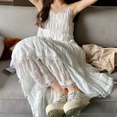 Voguable White Lace-up Midi Dresses Sweet Gentle Ruffle Casual Loose Mesh Backless Sleeveless Vacation Summer Women Long Dresses voguable