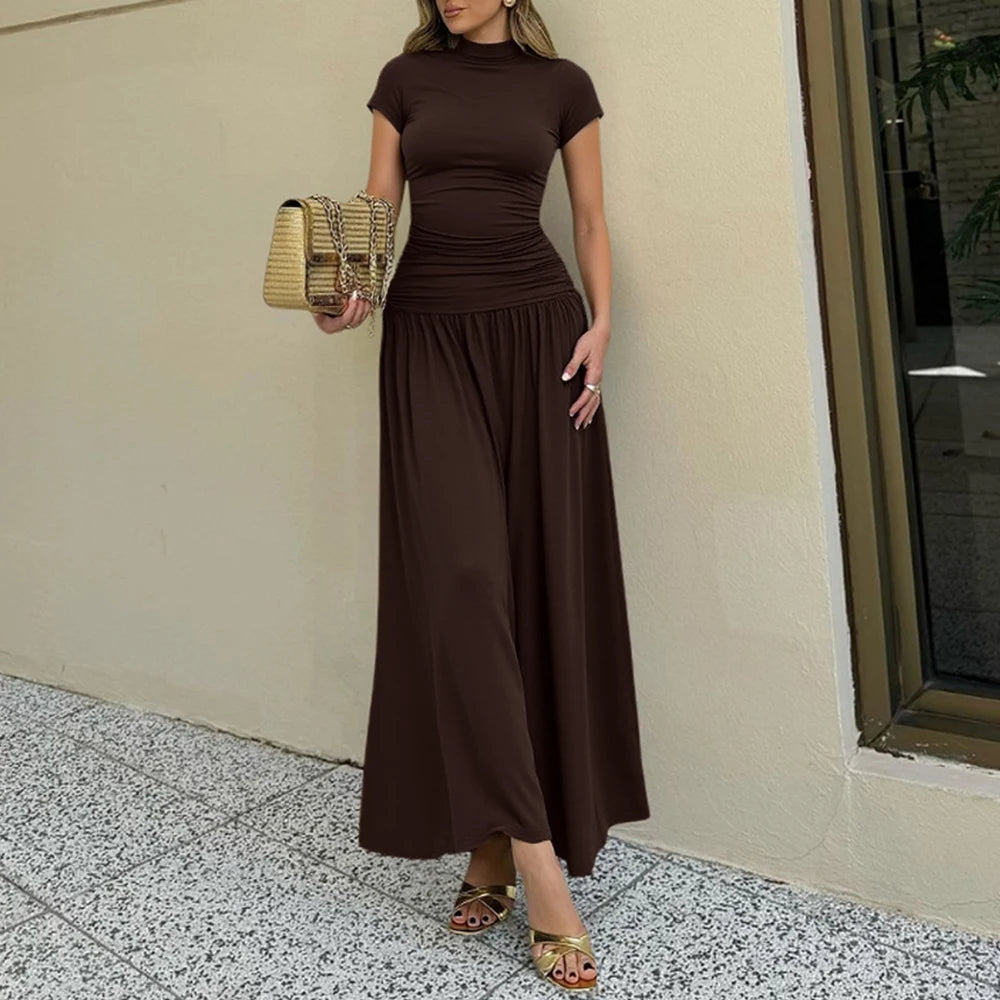 Women's 2025 Summer Dress French Plain Short Sleeve Mock Neck Fitting Slim Draped Fit and Flare Midi Workwear Dress voguable