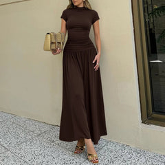 Women's 2025 Summer Dress French Plain Short Sleeve Mock Neck Fitting Slim Draped Fit and Flare Midi Workwear Dress voguable