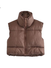 Women Fashion Adjustable Hem Zip-up Crop Padded Waistcoat Vintage High Neck Sleeveless Female Outerwear Chic Vest Tops voguable