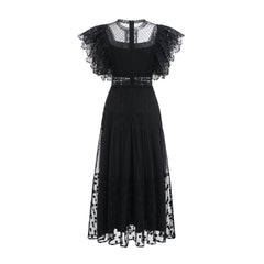 Fashion Black Polka Dot Perspective Dress Women's Round Neck Slim Fly Sleeves Ankle-length Dresses Summer New 3A102 voguable