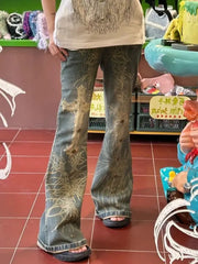 American Vintage High Waist High Street Style Blue Straight Jeans Pants Women's Wide Leg Print Baggy Y2K Retro Denim Trouser voguable