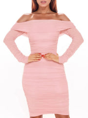 Voguable Women's Sexy Elegant Long Sleeve Off Shoulder Ruched Party Mini Dress voguable