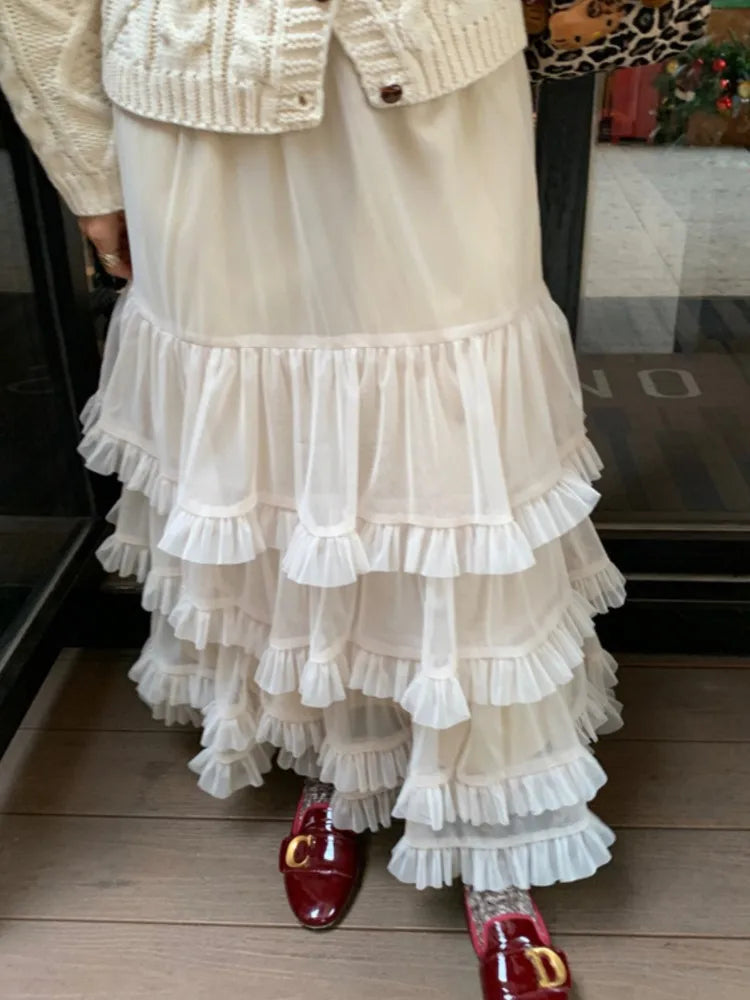 Sweet Chic Ruffle Mesh Tutu Cake Skirt Elastic Waist Beige Streetwear Long Skirt 2025 New Spring Summer A-line Fashion Skirts voguable
