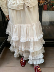 Sweet Chic Ruffle Mesh Tutu Cake Skirt Elastic Waist Beige Streetwear Long Skirt 2025 New Spring Summer A-line Fashion Skirts voguable