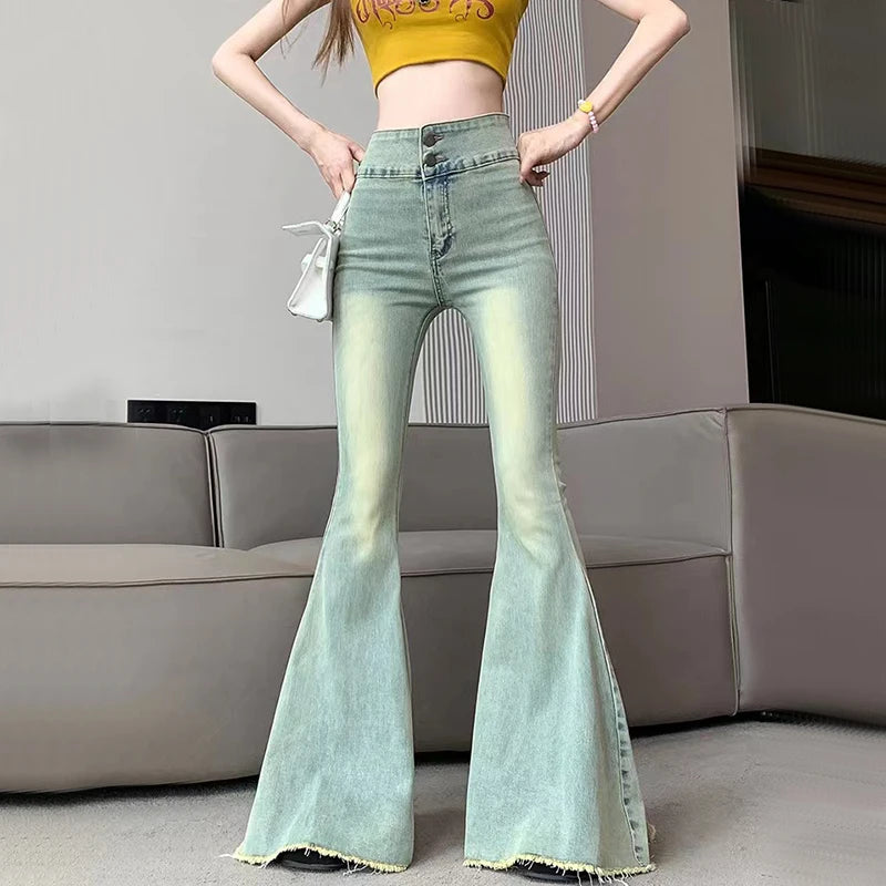 Y2K Vintage Raw Edge Flare Jeans Women Korean High Waist Slim Denim Pants Solid Hip Hop Streetwear All Match Wide Leg Trousers voguable