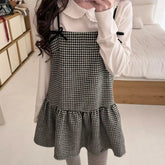Voguable Korean Plaid Fashion Spaghetti Strap Bow Sweet Sleeveless Woolen Pinafore Dress voguable