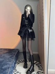 Voguable Vintage Black Jackets Suit Korean Fashion 2 Piece Sets Casual Short Blazers Coat + Slim Mini Cake Skirt Woman Autumn Design voguable