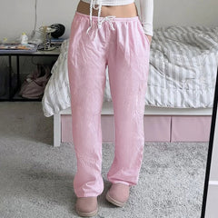 Drawstring Low Rise Pink Casual Pants y2k Basic See Through Pants y2k Aesthetic Straight Trousers for Women Korean Style voguable