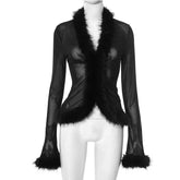 Voguable Sexy Sheer Mesh See Through Faux Fur Collar Women Shirt Fashion Autumn Winter Top Deep V-Neck Long Sleeve Club Party Blouse voguable