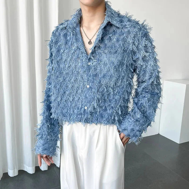 Voguable Sleeve Shirt Spring 2024 Trendy Men's Casual Long Solid Color Elegant Splicing Tassel Niche Design Fashion Tops voguable