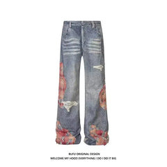 Hip Hop Ripped Wide Leg Trousers American Autumn men's casual jeans Y2K washed distressed High Waist Baggy Straight demin pants voguable