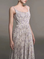 2025 New Spring Spaghetti Straps Women Dress Square Neckline Subtle Floral Pattern Maxi Length Dresses Female voguable