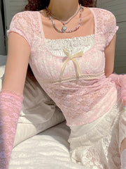 Voguable Bow Patchwork Lace Crop Top Y2K Aesthetic T-shirt Short Sleeve Kawaii Clothes Lolita Style Cute Pullovers Fairycore Tee voguable