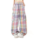Voguable High Waist Drawstring Dopamine Wearing Workwear Pants American Retro Colorful Plaid Pockets Sweet Cool Trendy Straight Trousers voguable