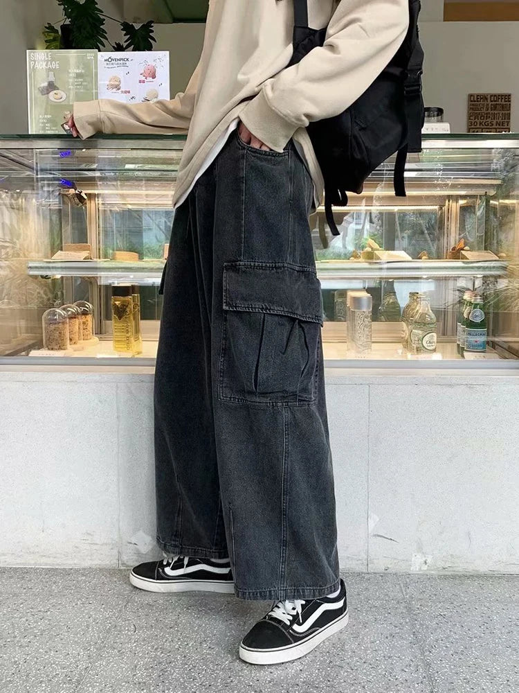 Baggy Jeans Men's Oversize Streetwear Fashion Wide Leg Cargo Pants Hip Hop Harajuku Multi-Pocket Denim Trousers Black Blue voguable