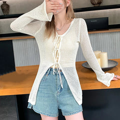 Tie Front Open Knit Cardigan Women Long Sleeve Longline Sweater Jacket Sheer Beach Cover-Up Ladies Boho Vacation Outfit voguable