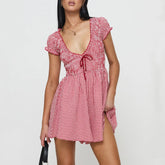 Women Y2k Gingham Playsuit Short Sleeve Smocked Babydoll Bodysuit Rompers Flowy A-Line Club Dress Retro Streetwear