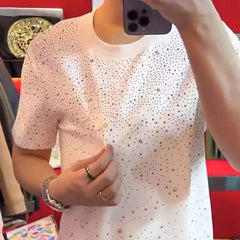 Men's T-shirt Summer High Quality Round Neck with Hot Diamond Pentagram Printing Trend Slim Fit Cotton Black Short Sleeve Tee voguable