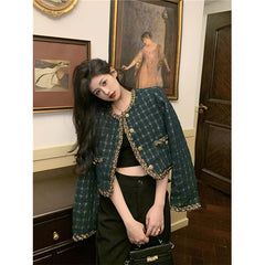 Vintage Cropped Tweed Jacket Women Elegant Blazer Korean Single Breasted Short Coats Autumn Winter Chic Suit Outerwear New voguable