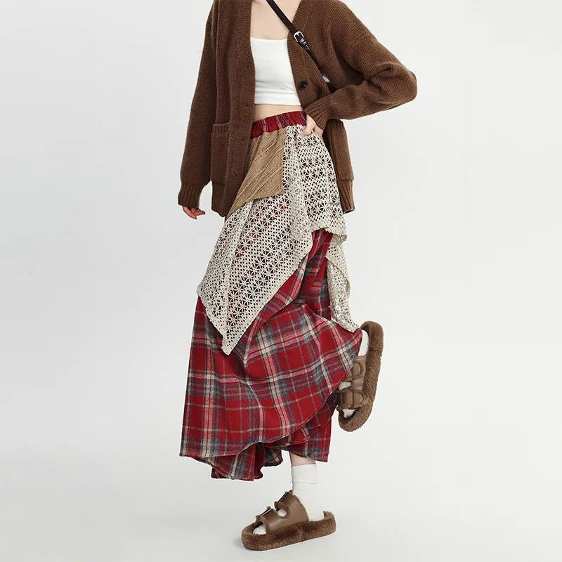 Autumn Winter Woolen Plaid Skirts Women Elastic High Waist Patchwork Irregular Waste Soil Wind Fashion Loose A-line Big Skirt voguable