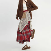 Autumn Winter Woolen Plaid Skirts Women Elastic High Waist Patchwork Irregular Waste Soil Wind Fashion Loose A-line Big Skirt voguable