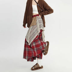 Autumn Winter Woolen Plaid Skirts Women Elastic High Waist Patchwork Irregular Waste Soil Wind Fashion Loose A-line Big Skirt voguable