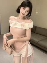 Sexy Off Shoulder Slim T Shirt Women Elegant Fashion Slash Neck Sweet Tees Korean Lace Up Design Irregular Butterfly Tops voguable