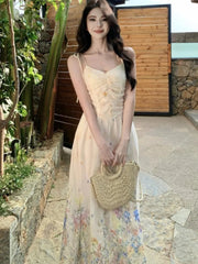 Summer French Print Embroidery Women's Dresses 2025 Prairie Chic Elegant V-Neck Pleated Lace-up Long Dress New Fashion Casual voguable