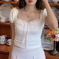 Voguable Cute Frill Lace Bow Decorate Top Women's Summer Puff Short Sleeve Square Collar T-shirts Y2K Aesthetic Tees Coquette voguable