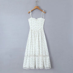 YENKYE Sexy Elegant Women Lace Trim Floral Print Sling Dresses Front Bandage Hem Slit A-line Midi Summer Dress Holiday Robe voguable