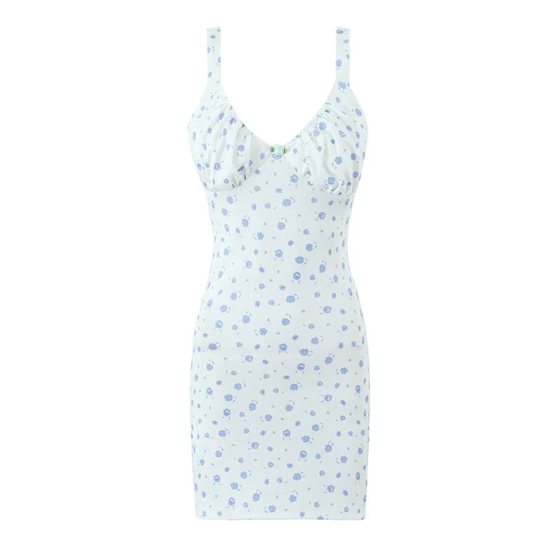 Sexy Women Sweet Floral Print Slim Knit Dresses Sleeveless V Neck Mini Summer Dress Beautiful Girl Holiday Robe