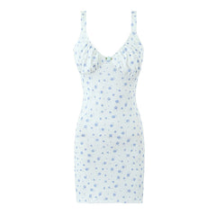 Sexy Women Sweet Floral Print Slim Knit Dresses Sleeveless V Neck Mini Summer Dress Beautiful Girl Holiday Robe