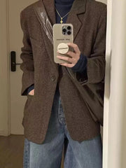 Retro Faux Woolen Blazer Coat Women Harajuku Long Sleeve Fall Winter Y2K Jacket Streetwear American Casual Lady Suit Coat voguable