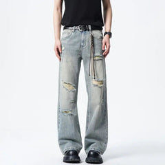 Men Straight Leg Vintage Blue Washed Denim Jeans Casual Ripped Distressed Trousers Classic Retro Style Comfortable Streetwear voguable