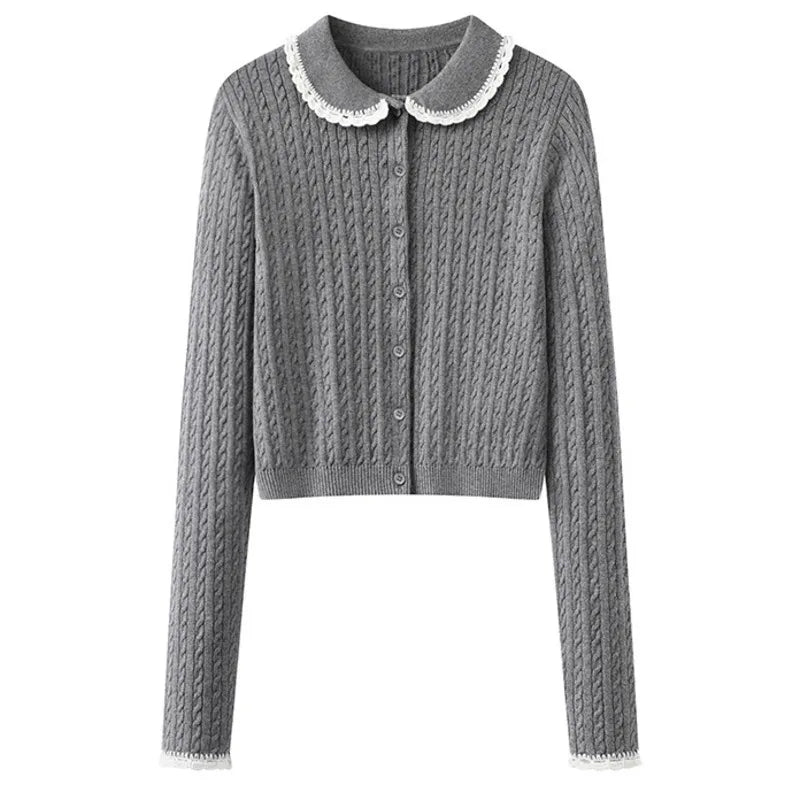 Fashion Top Women New Peter Pan Collar Lace Edge Slim Single Breasted Knitted Cardigan Female 2025 Spring Summer voguable