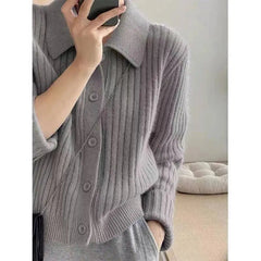 Pink Turn-down Collar Sweater Coats Women Warm Color Knitted Ingle-breasted Striped Fashion Casual Office Lady Cardigans Tops voguable