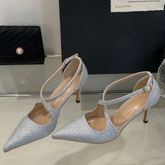 Voguable Bling Sequin Cloth Pointed Toe Women Pumps Elegant Buckle Strap Thin Low Heels Party Prom Mules Shoes voguable