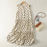 Voguable Summer V-Neck Polka Dot Linen Short Sleeve Dress Women Slimming Casual Loose Cake Skirt Commute voguable