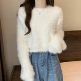Women's Fuzzy Knitt Top Long Sleeve Mock Neck Fluffy Sweater Pullovers Cozy Plain Jumper Teen-girl Fall Winter Y2K Outfit voguable
